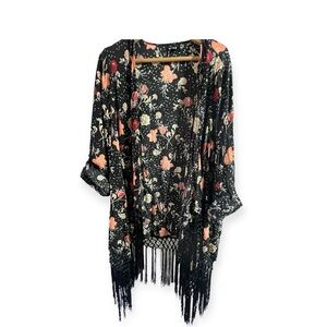 Torrid SZ 2 Black Floral Fringed Asymmetrical Open Front Cardigan Tab Sleeves B6
